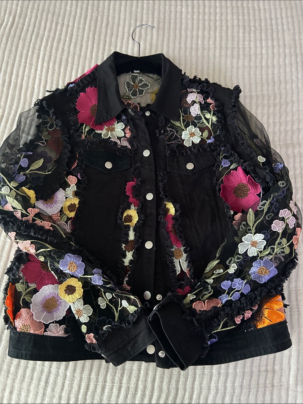 Appliqué flower black denim jacket with sheer sleeves